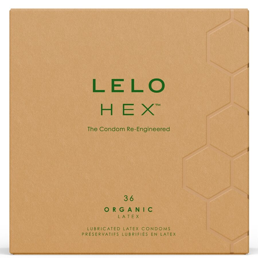 Preservativi organici LELO HEX in confezione da 36 unità, dettagli sulla confezione e il design dei preservativi.