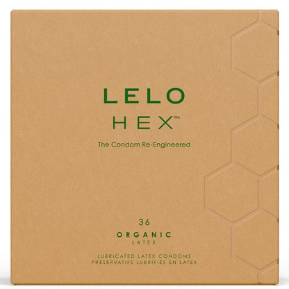 Preservativi organici LELO HEX in confezione da 36 unità, dettagli sulla confezione e il design dei preservativi.