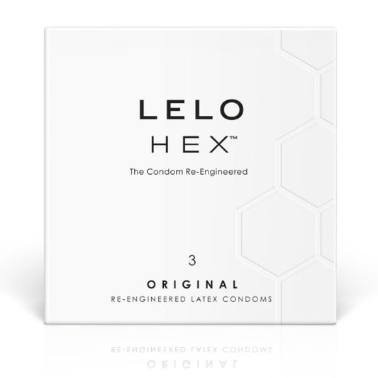 Scatola per preservativi LELO HEX con 3 unità, confezione elegante e compatta, design sicuro e resistente.