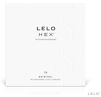 Scatola di preservativi LELO HEX da 36 pezzi, confezione bianca con logo LELO e dettagli di protezione e sicurezza