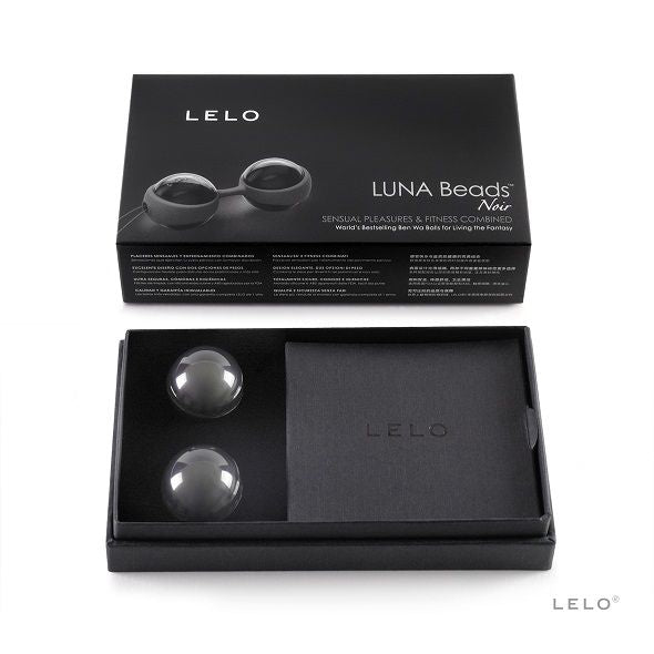 Sfera cinese Luna Beads Noir di LELO, palline di vetro nere per esercizi di Kegel, con impugnatura ergonomica.