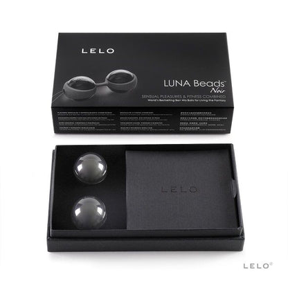Sfera cinese Luna Beads Noir di LELO, palline di vetro nere per esercizi di Kegel, con impugnatura ergonomica.