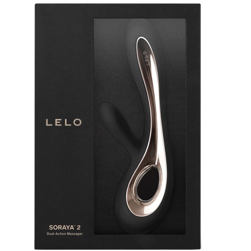 Vibratore coniglio nero LELO Soraya 2 con dettagli eleganti e design ergonomico, ideale per stimolazione clitoridea e interna.
