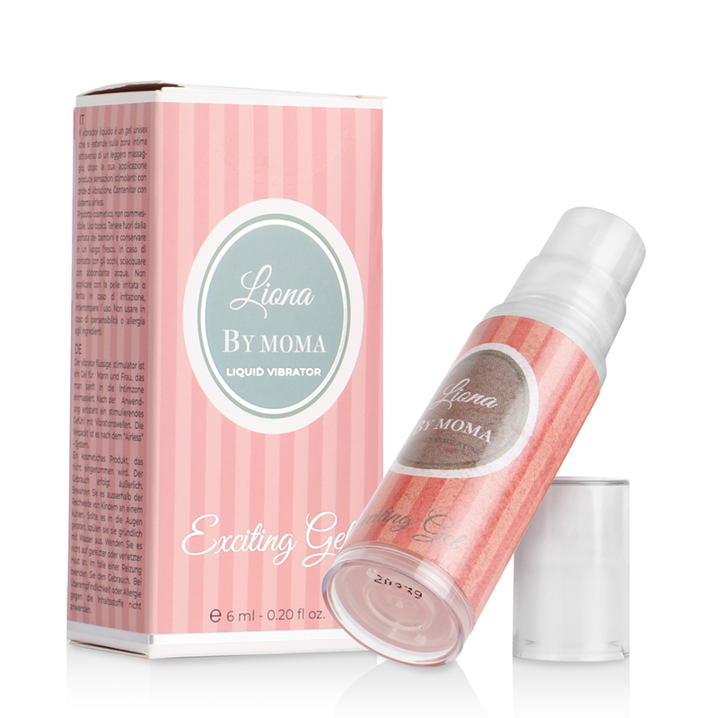 Gel vibratore eccitante LIONA BY MOMA, liquido stimolante da 6 ml, confezione con flacone e etichetta colorata