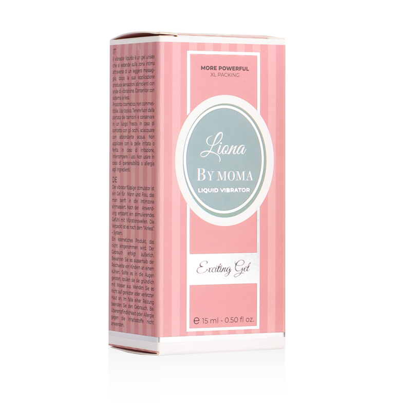 Gel liquido eccitante LIONA BY MOMA, vibratore, 15 ml, con formula stimolante e morbida, visibile in primo piano.