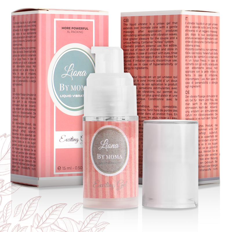 Gel eccitante liquido Liona by MOMA, vibratore a 15 ml, con formula stimolante e sensuale, visibile in immagine.