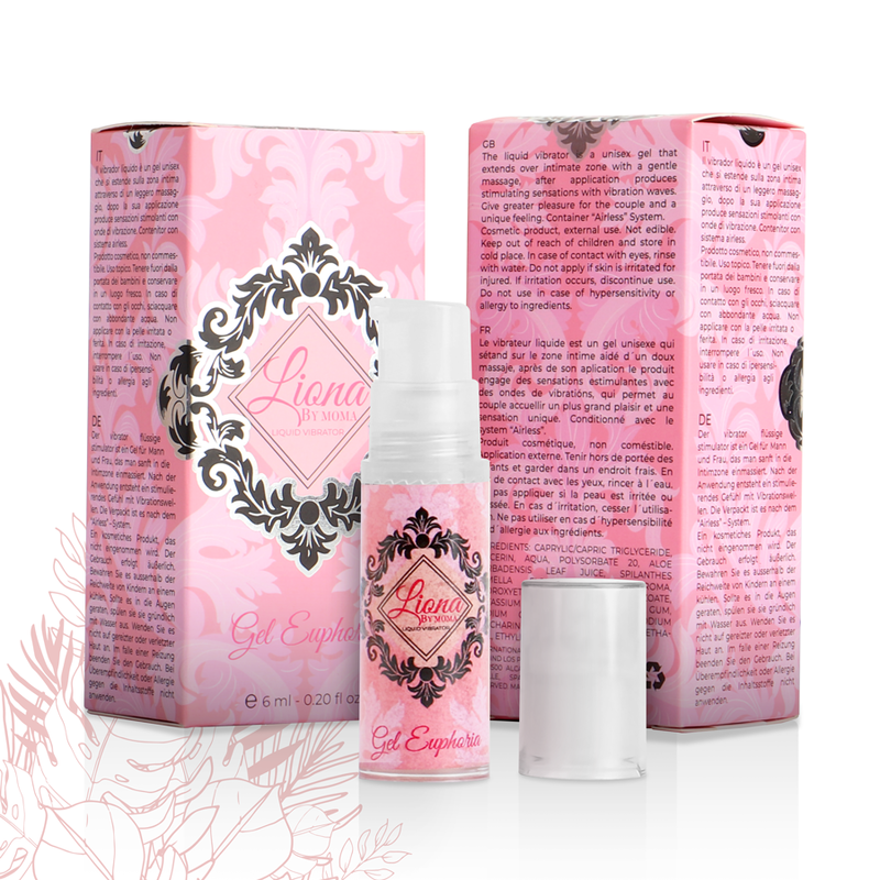 Vibratore liquido Euphoria Gel da 6 ml di Liona by MOMA, confezione con il prodotto visibile e dettagli sul packaging.