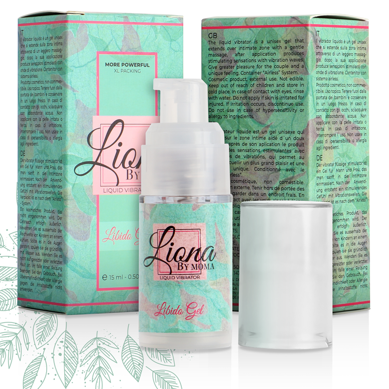 Gel liquido per libido LIONA BY MOMA, vibratore liquido con flacone da 15 ml, visibile nella confezione.