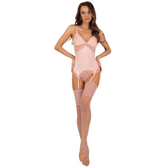 Set lingerie LIVCO CORSETTI FASHION con corsetto, slip e calze in colore pesca, completo elegante e femminile.