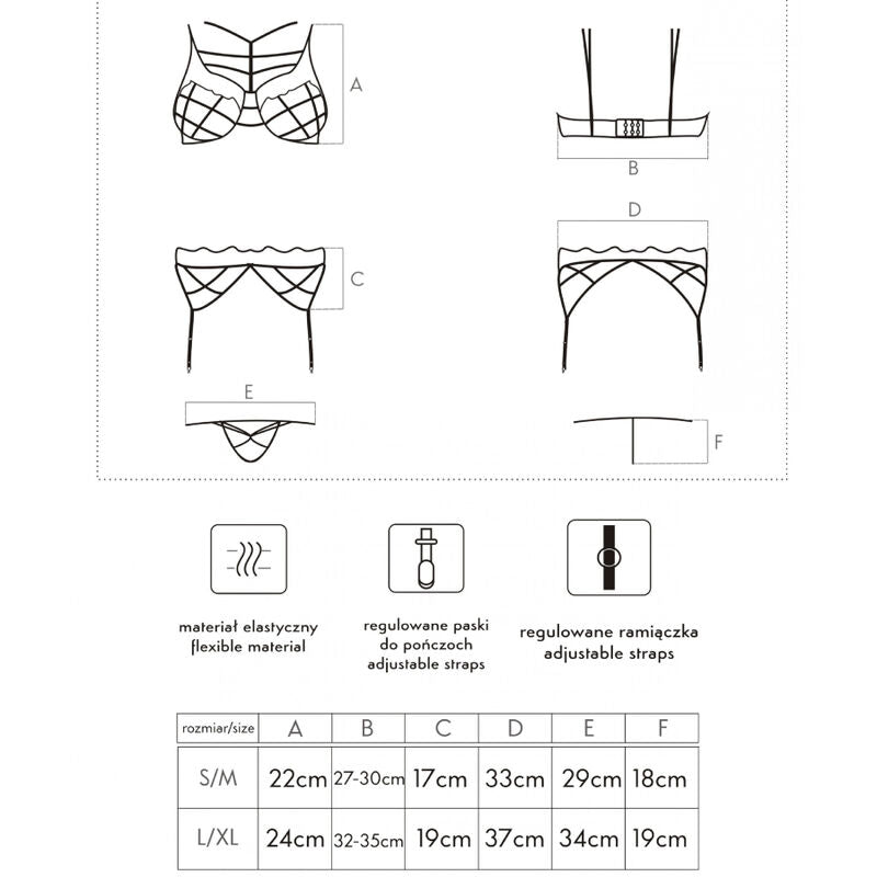 Set lingerie LIVCO CORSETTI FASHION Soledad con reggiseno, slip e reggisera in taglia S/M, tessuti eleganti e femminili.