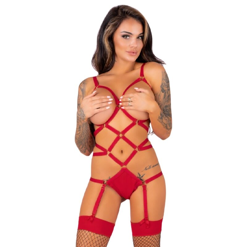 Completo intimo LIVCO CORSETTI Fashion Thiara LC 20213 con body rosso e calze S/M, elegante e seducente.