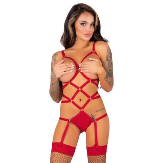 Completo intimo LIVCO CORSETTI Fashion Thiara LC 20213 con body rosso e calze S/M, elegante e seducente.