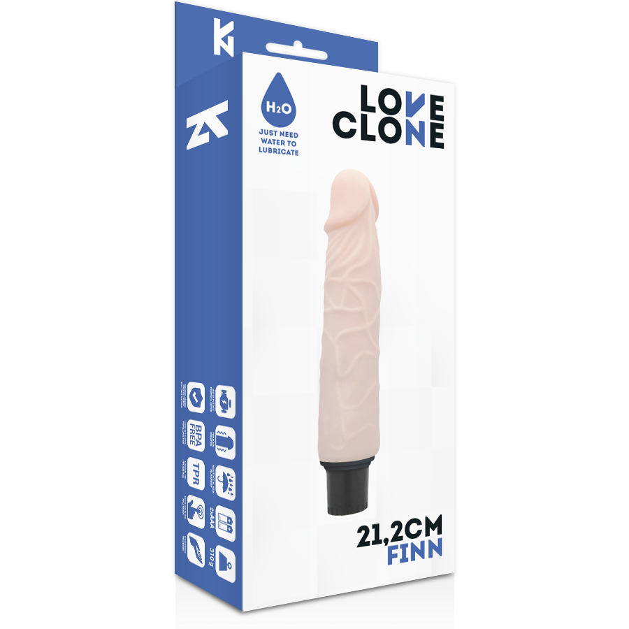 Vibratore LOVECLONE Finn autolubrificante, lunghezza 21,2 cm, diametro 3,8 cm, in silicone con superficie liscia.