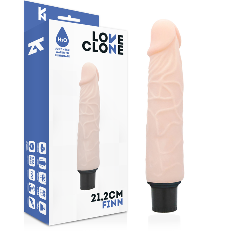 Vibratore LOVECLONE Finn autolubrificante lungo 21,2 cm con diametro di 3,8 cm, immagine che mostra la forma e la texture del prodotto