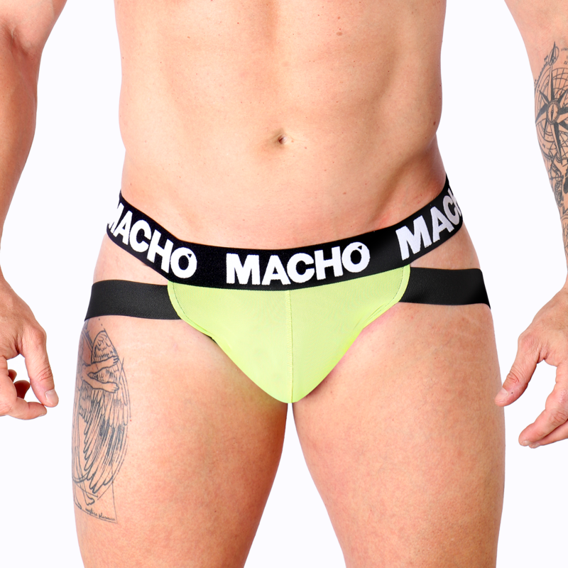 Slip maschile MACHO MX28FA Jock Giallo in tessuto elastico, con dettagli aderenti e stile sportivo.