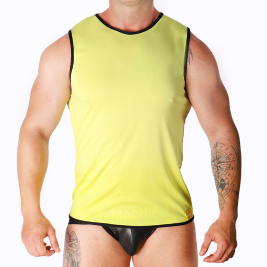 Maglietta gialla MACHO UNDERWEAR in taglia S/M, tessuto morbido e comodo, vista frontale con collo rotondo e maniche corte.