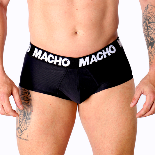 Slip nero maschile MACHO MS30NG, modello S, in morbido tessuto, visibile in primo piano con dettagli di cucitura e logo.