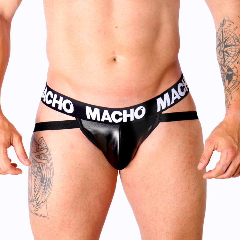 Slip jock nero in pelle MACHO MX25NC JOCK di MACHO UNDERWEAR, con dettagli in tessuto elasticizzato e stile aderente.