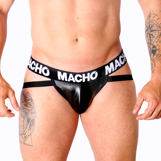 Slip jock nero in pelle MACHO MX25NC JOCK di MACHO UNDERWEAR, con dettagli in tessuto elasticizzato e stile aderente.