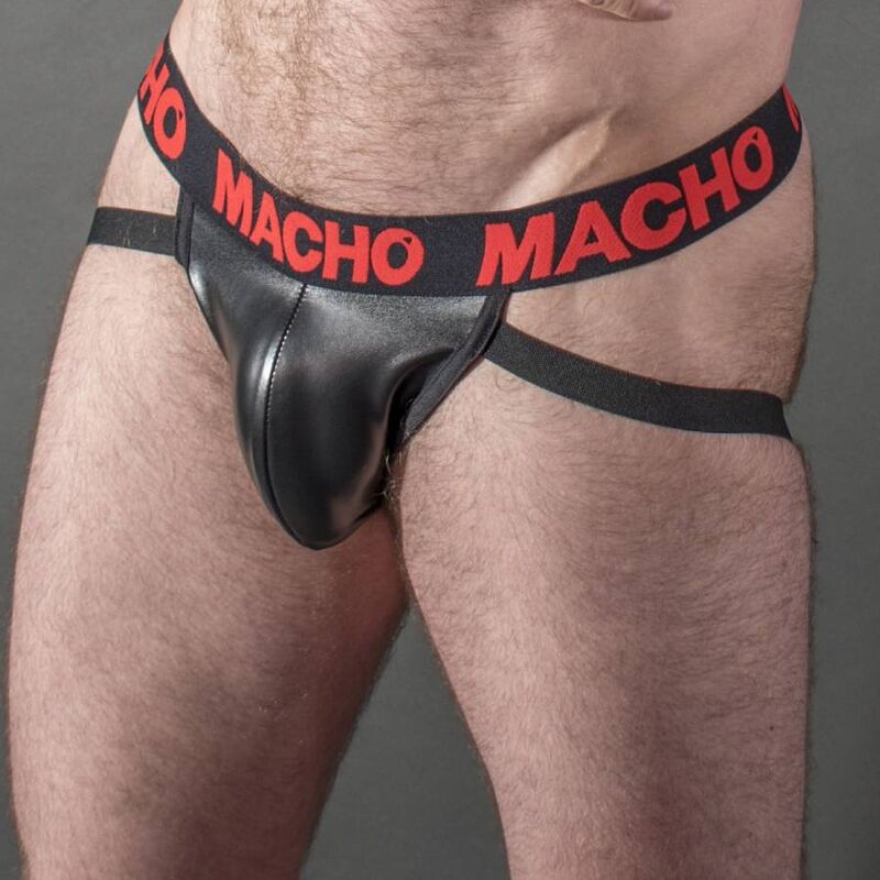 Slip maschio MACHO MX25RC Jock in pelle rossa con dettagli neri, modello aderente e stile sportivo, ideale per il comfort e l’estetica.