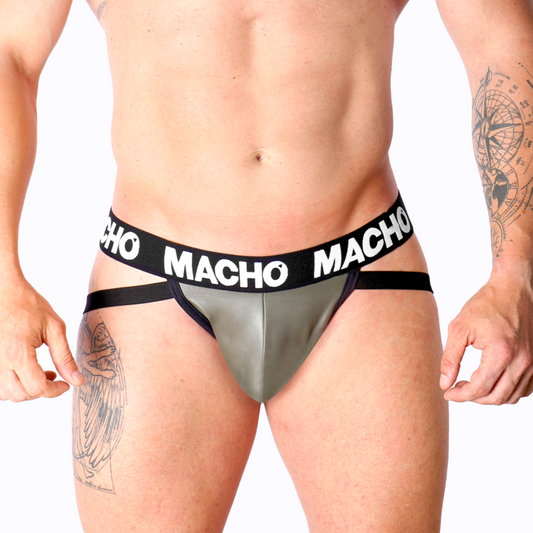 Slip di intimo MACHO MX27GR Jock in pelle grigia beige, taglia S, con dettagli in tessuto elastico e design aderente.