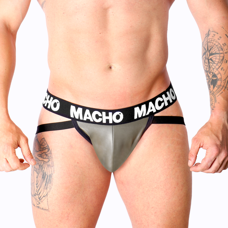 Slip interno in pelle grigia-beige MACHO MX27GR Jock Underwear, con dettagli sportivi e comoda vestibilità.