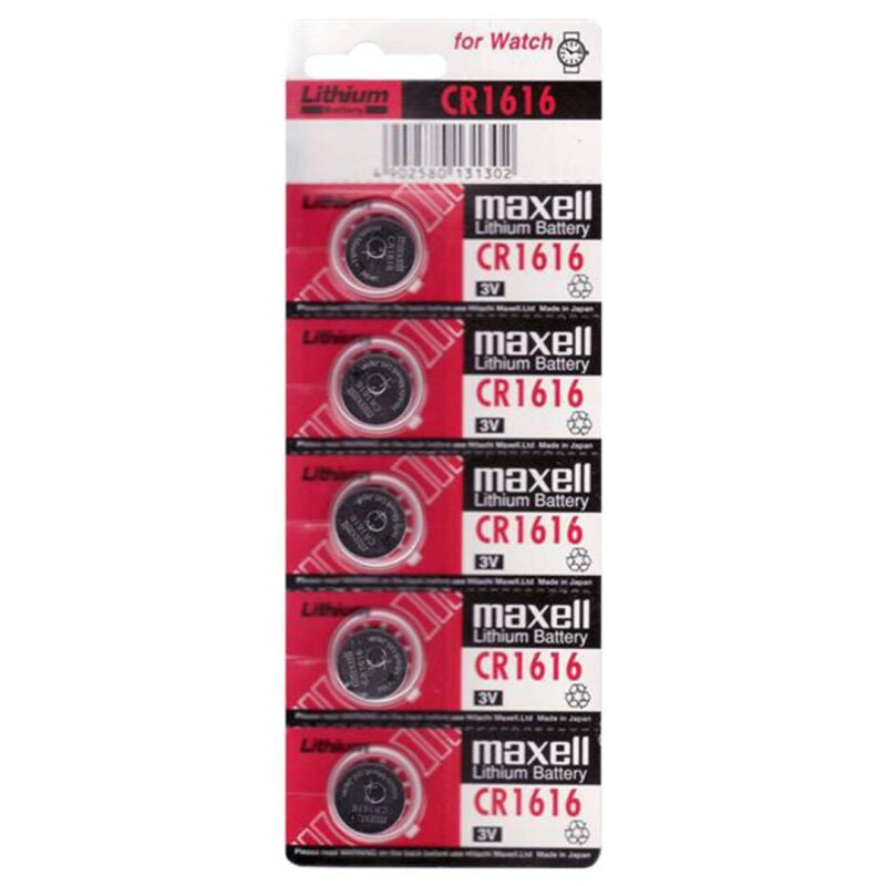 Set di cinque batterie al litio MAXELL CR1616 da 3V, visibili in un contenitore con etichetta.