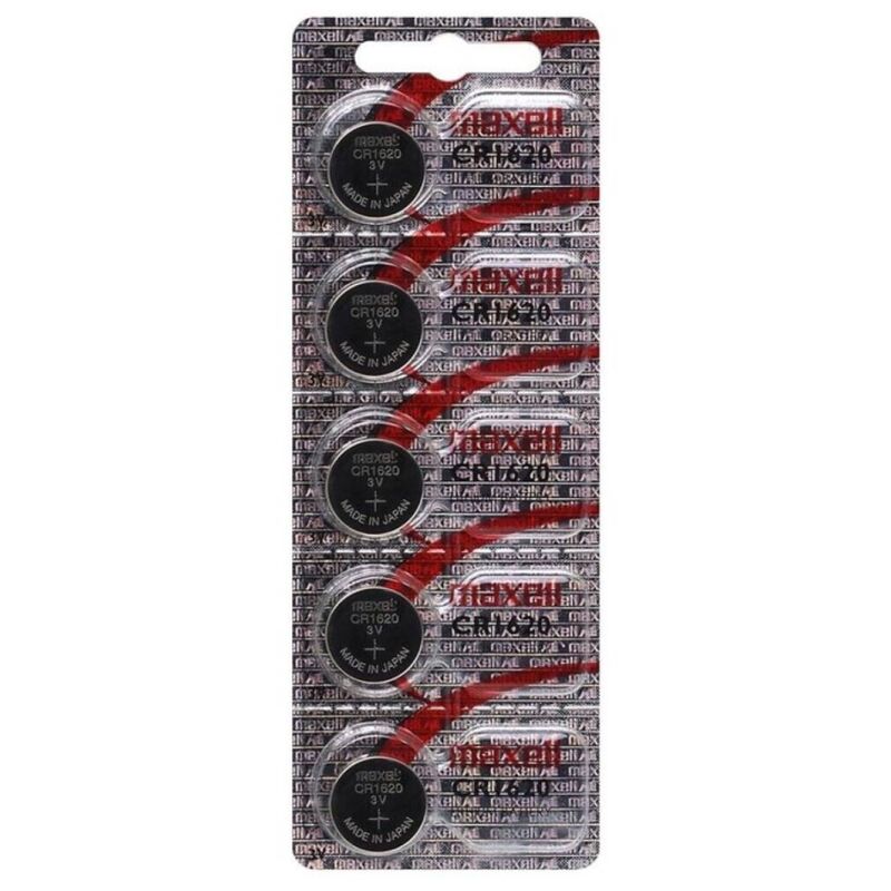 Set di cinque batterie al litio MAXELL CR1620 da 3V, compatte e ideali per dispositivi elettronici portatili.