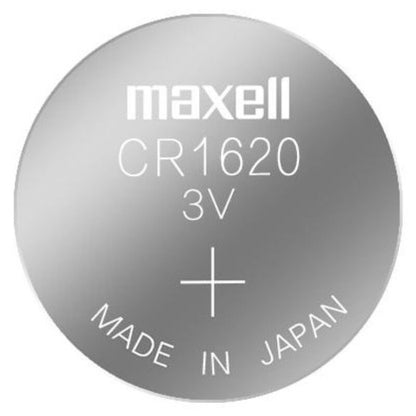 Batterie al litio MAXELL CR1620 da 3V, confezione da 5 pezzi, visibile in immagine con etichette e terminali.