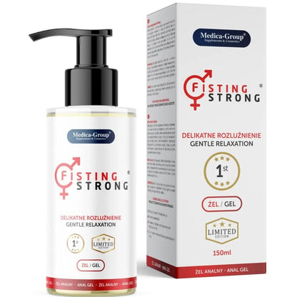 Gel anale intimo forte MEDICA GROUP, 150 ml, con formula adatta al fisting, visibile nella bottiglia con etichetta bianca.