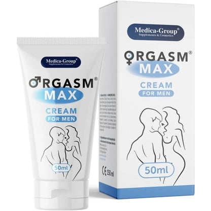 Crema intima MEDICA GROUP Orgasm Max per uomo, confezione da 50 ml, tubo con etichetta bianca e blu, applicatore visibile