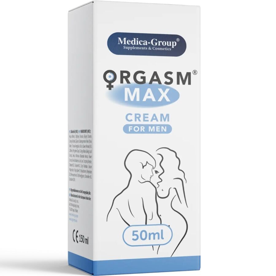 Crema intima MEDICA GROUP ORGASM MAX per uomo, flacone da 50 ml, con tubo di crema visibile e confezione sullo sfondo.