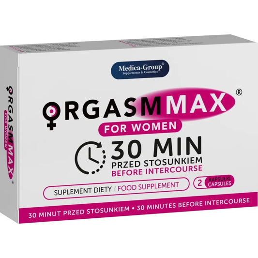 Capsule di MEDICA GROUP Orgasm Max per donna, confezione da 2, con dettagli del prodotto e confezione.