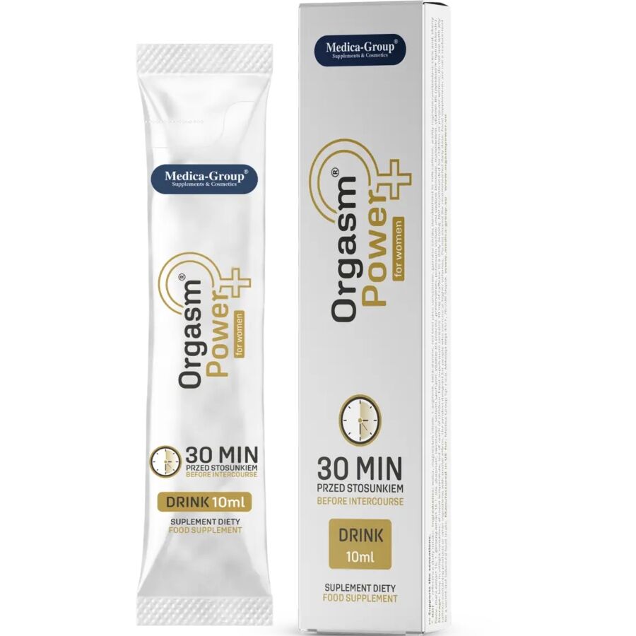 Bevanda energizzante MEDICA GROUP ORGASM POWER DRINK per donne, flacone da 10 ml con etichetta visibile.