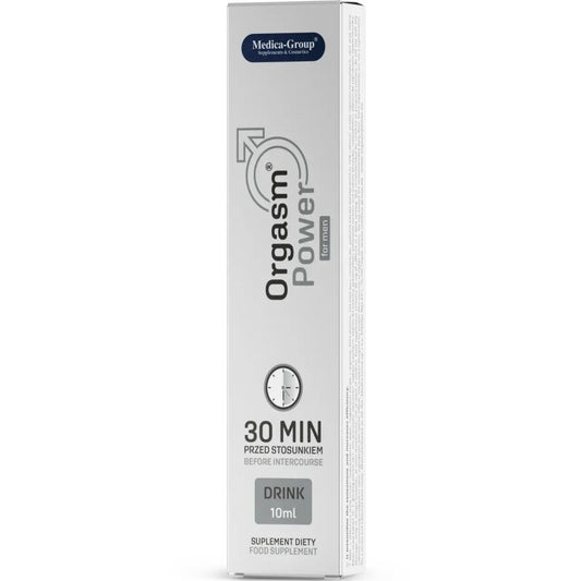 Bevanda energetica MEDICA GROUP Orgasm Power Drink per uomo, flacone da 10 ml con etichetta e logo visibili.
