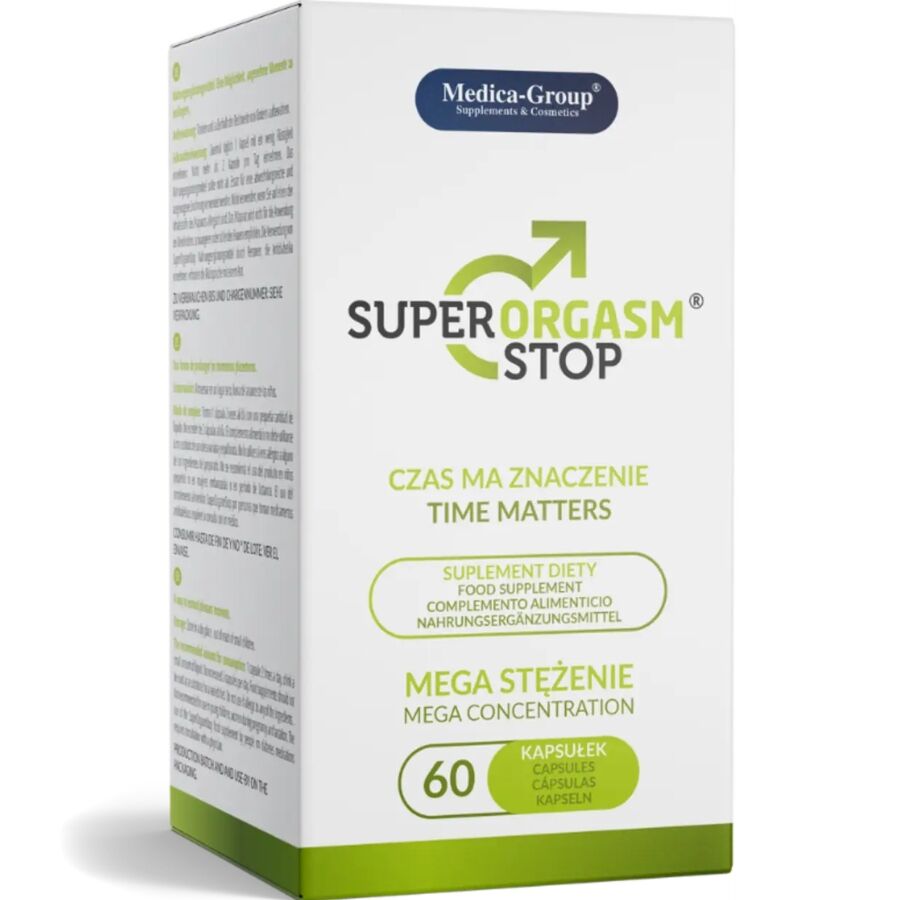Capsula di MEDICA GROUP Super Orgasm Stop Delay per uomini, 60 capsule, con confezione e dettagli del prodotto.