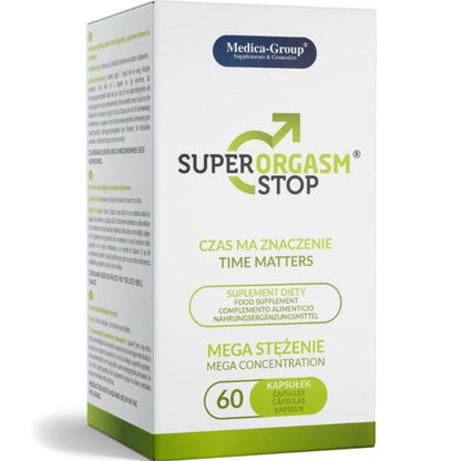 Capsula di MEDICA GROUP Super Orgasm Stop Delay per uomini, 60 capsule, con confezione e dettagli del prodotto.