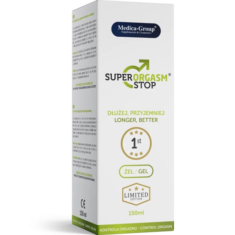 Gel intimo uomo MEDICA GROUP SUPER ORGASM STOP, 150 ml, crema per il controllo dell'orgasmo maschile, confezione da 150 ml.