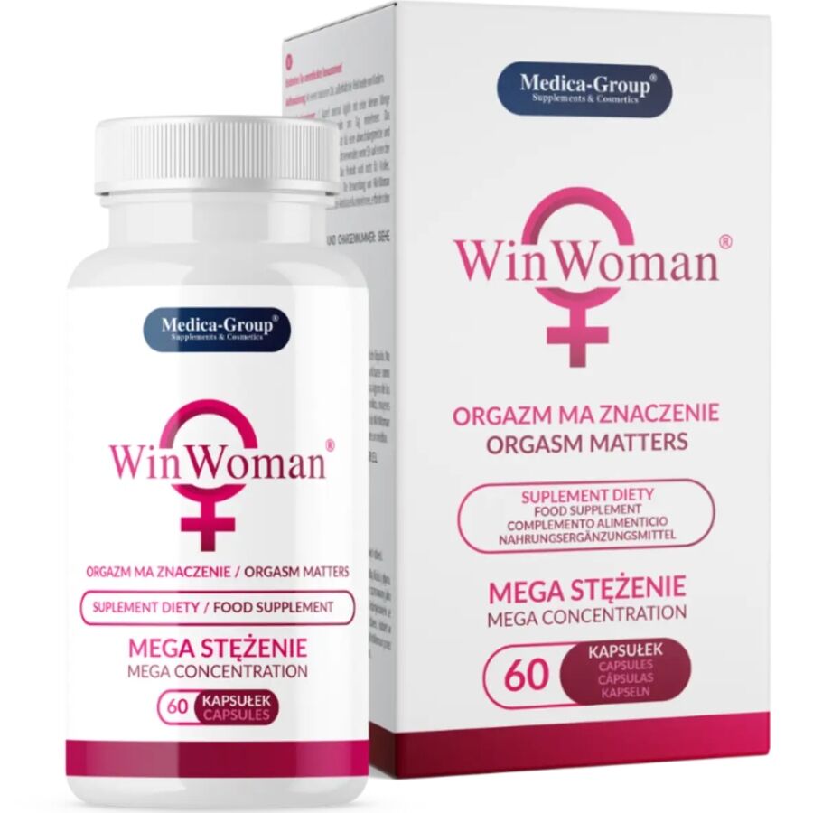 Capsule di MEDICA GROUP Win Woman Libido Enlargement, confezione da 60 capsule, evidenziando il prodotto e il marchio.