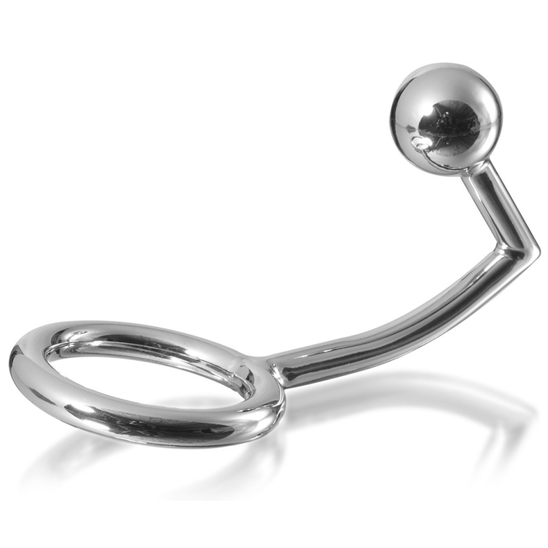 Anello cock ring in metallo METAL HARD con gancio intruder anale, diametro 45mm, mostra il design robusto e resistente.