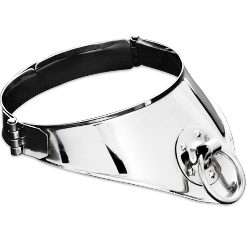 Collare di contenimento rigido in metallo METAL HARD con anello e lucchetto, lunghezza 12,5 cm, robusto e resistente.