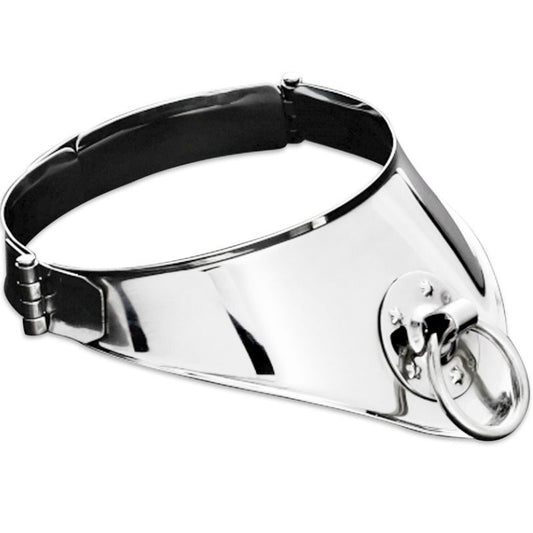 Collare di contenimento rigido in metallo METAL HARD con anello e lucchetto, lunghezza 12,5 cm, robusto e resistente.