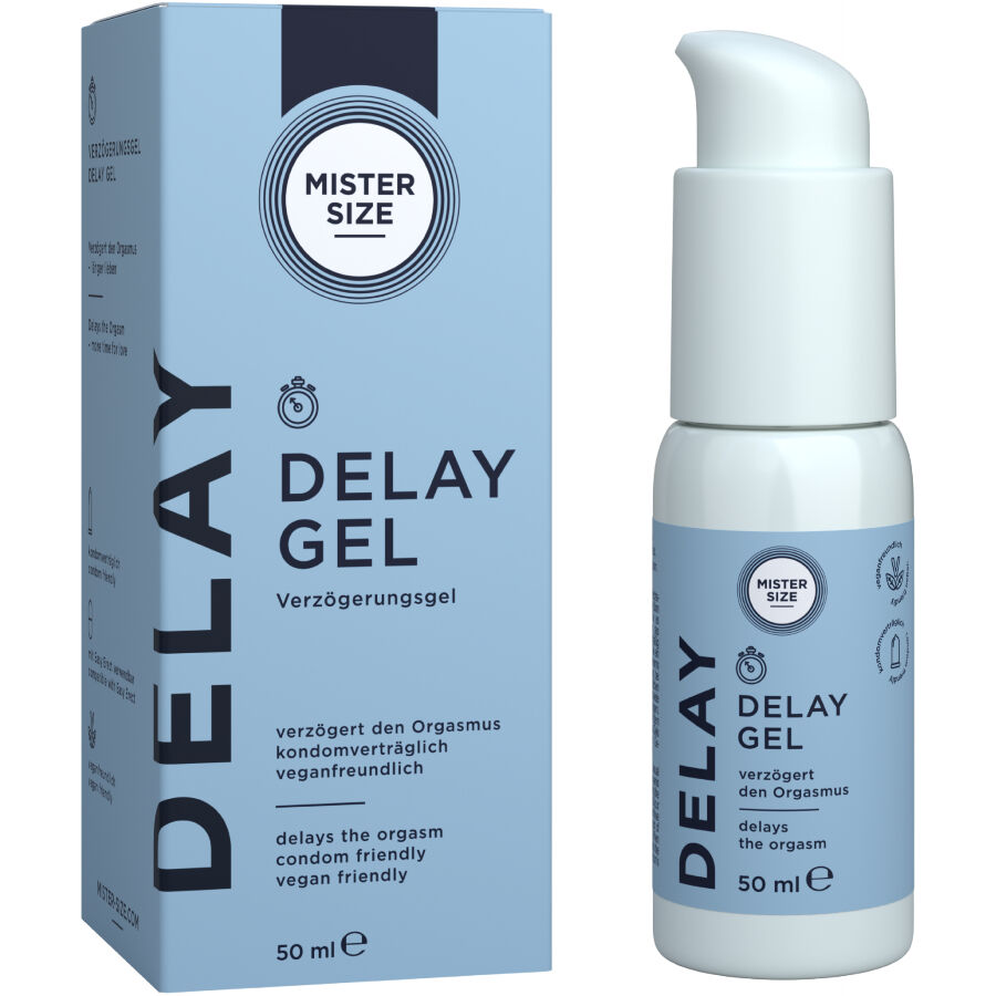 Gel ritardo Mister Size da 50 ml, lubrificante a base d'acqua per ritardare l'eiaculazione, in tubo compatto e pratico.