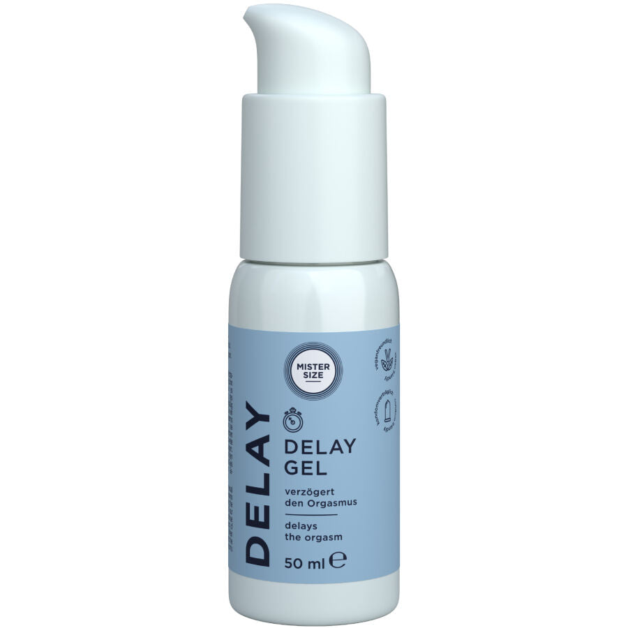 Gel ritardo Mister Size da 50 ml, formula lubrificante e ritardante, in confezione compatta e pratico per uso intimo.
