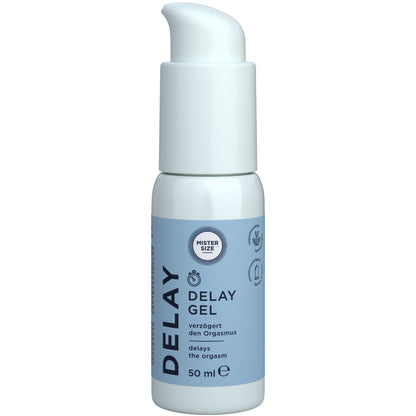 Gel ritardo Mister Size da 50 ml, formula lubrificante e ritardante, in confezione compatta e pratico per uso intimo.