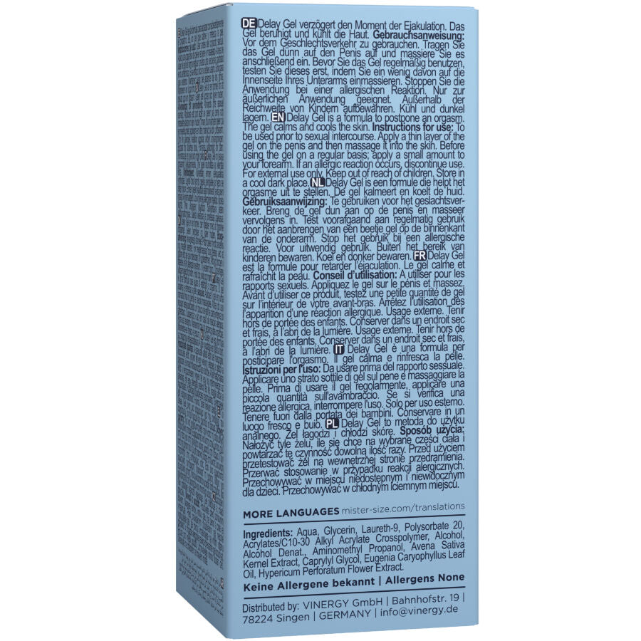 Gel ritardo MISTER SIZE da 50 ml, cremoso e trasparente, per prolungare il piacere, visibile in un contenitore da 50 ml.