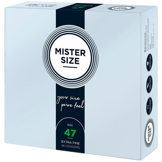 Preservativi taglia XS da 47 mm di Mister Size, confezione da 36 unità, confezione con preservativi elastici e sicuri