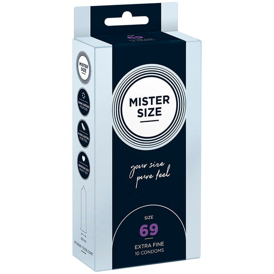Preservativi Mister Size taglia XXXL 69 mm, confezione da 10 unità, in confezione sigillata.