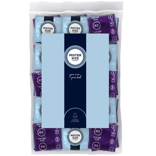 Preservativi Mister Size taglia XXXL 69 mm, confezione da 100 unità, confezione di preservativi di grandi dimensioni.