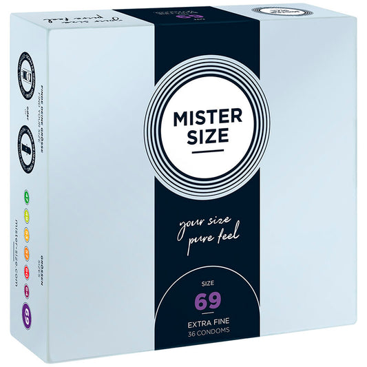 Preservativi Mister Size taglia XXXL da 69 mm, 36 unità, confezione con profilati di preservativi naturali e sicuri.